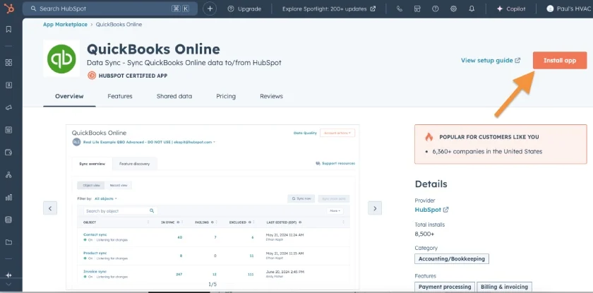 Screen showing how to initiate the integration between QuickBooks Online and HubSpot.