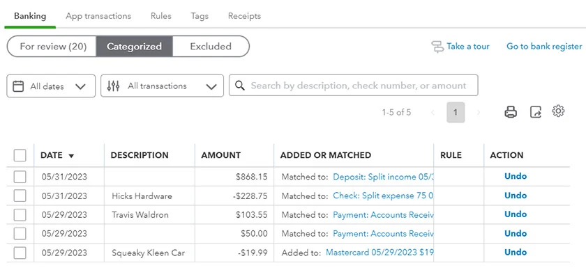 Banking Center showing the categorized tab.