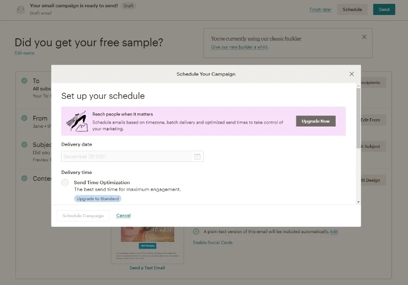 Popup box for scheduling email campaigns on Mailchimp.