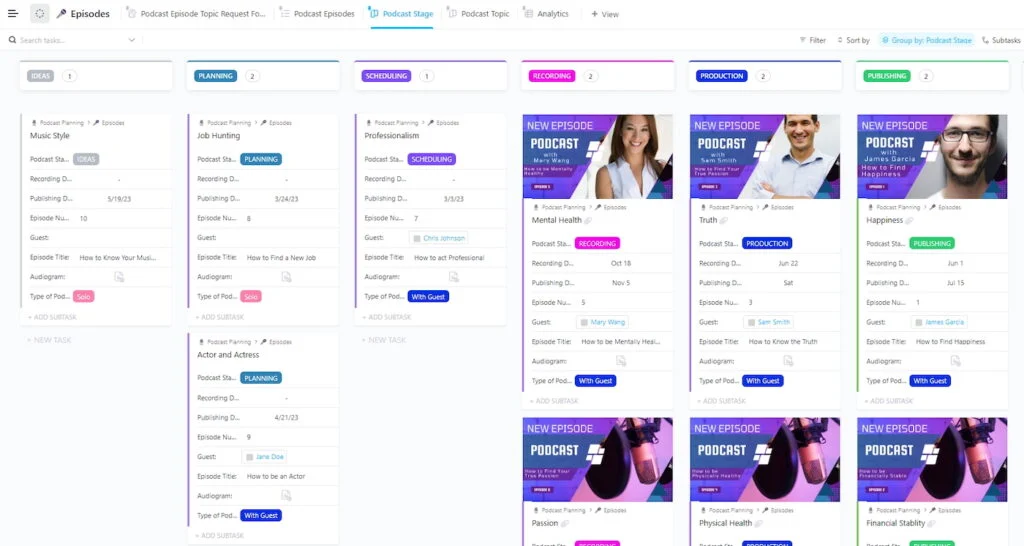 Screenshot of ClickUp’s podcast planning board showing episode cards organized by stages such as ideas, planning, scheduling, recording, production, and publishing.