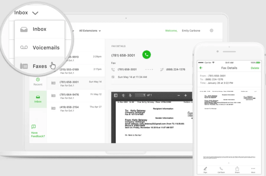 A laptop and smartphone displaying the Grasshopper virtual fax management interface with an inbox for voicemail and fax options, a list of recent faxes, and detailed fax information.