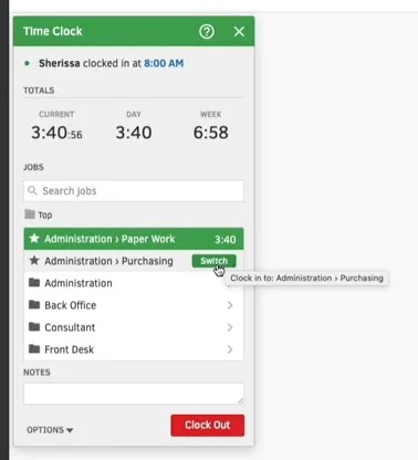 Showing the time clock lets you switch between projects.