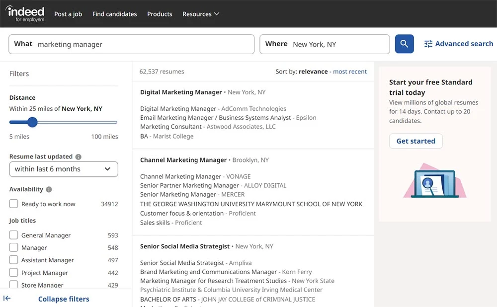 Listing of potential candidates in Indeed Resume search.