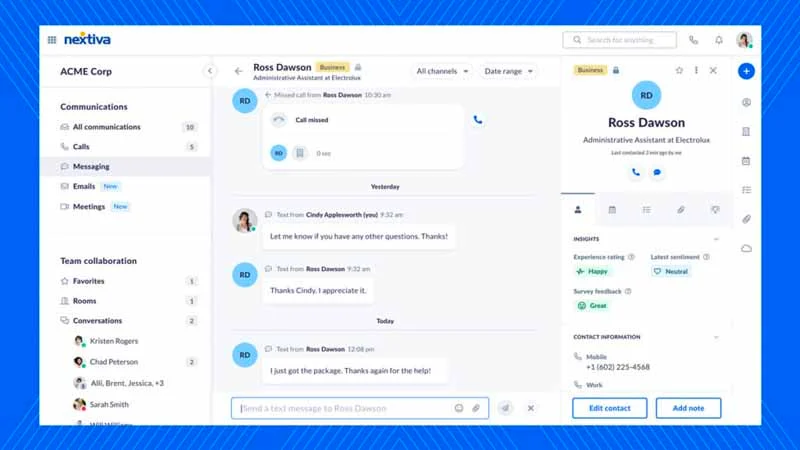 Nextiva interface showing a message thread and the profile of one of the participants in the thread.