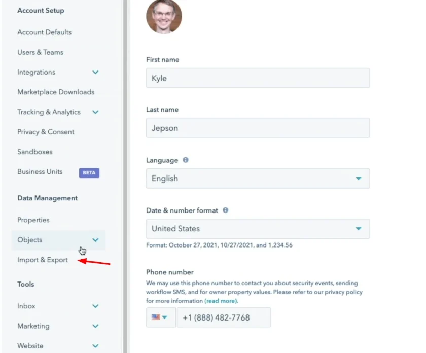 Import and Export in the left menu options of HubSpot CRM.