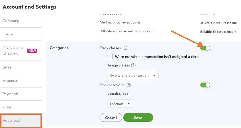 Screen showing how to turn on class tracking in QuickBooks Online.