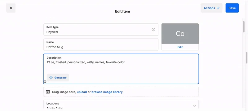 Gif of AI product description generator on Square Online