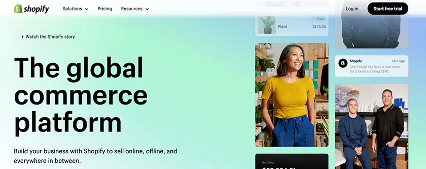 Screenshot of Shopify homepage start a free trial.