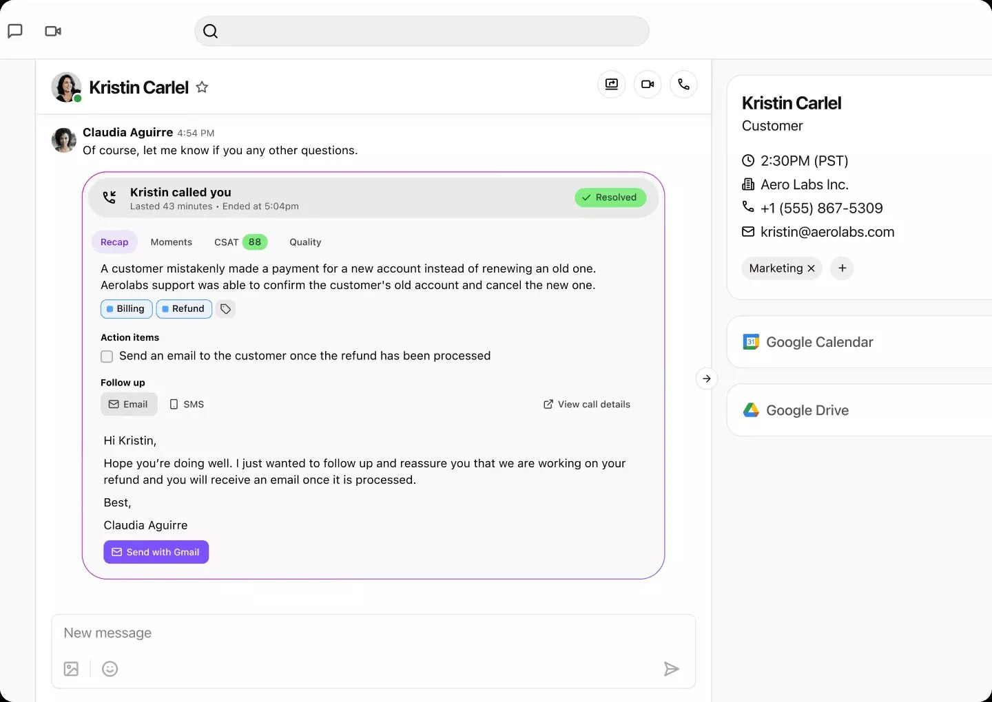 Dialpad interface showing a conversation thread with a box that indicates someone called and displays the recap of the call, action items, and follow-up options.