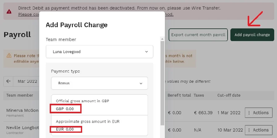 Oyster's payroll dashboard and payroll change tool.