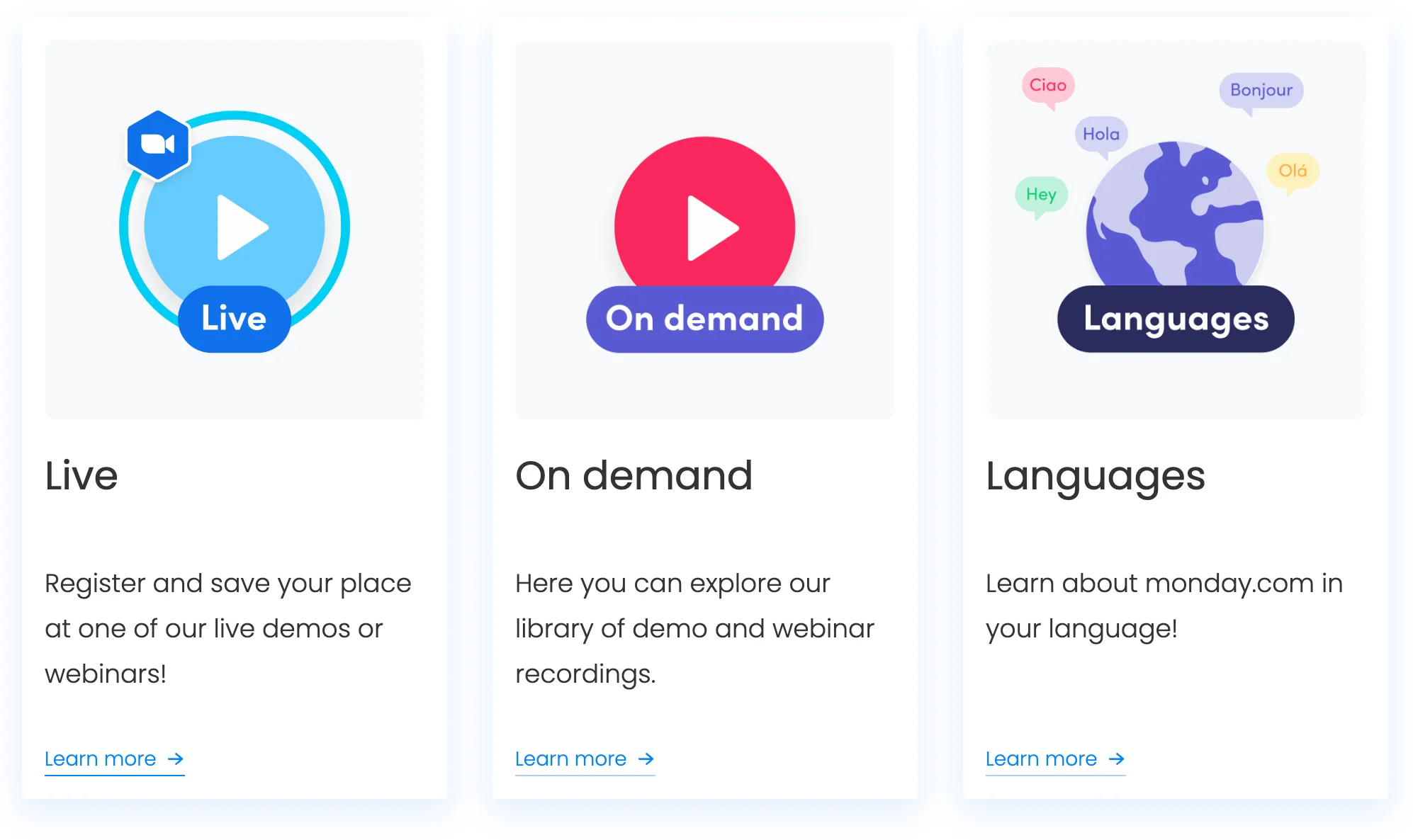 monday.com webinar hub with options for live and on-demand demos and webinars