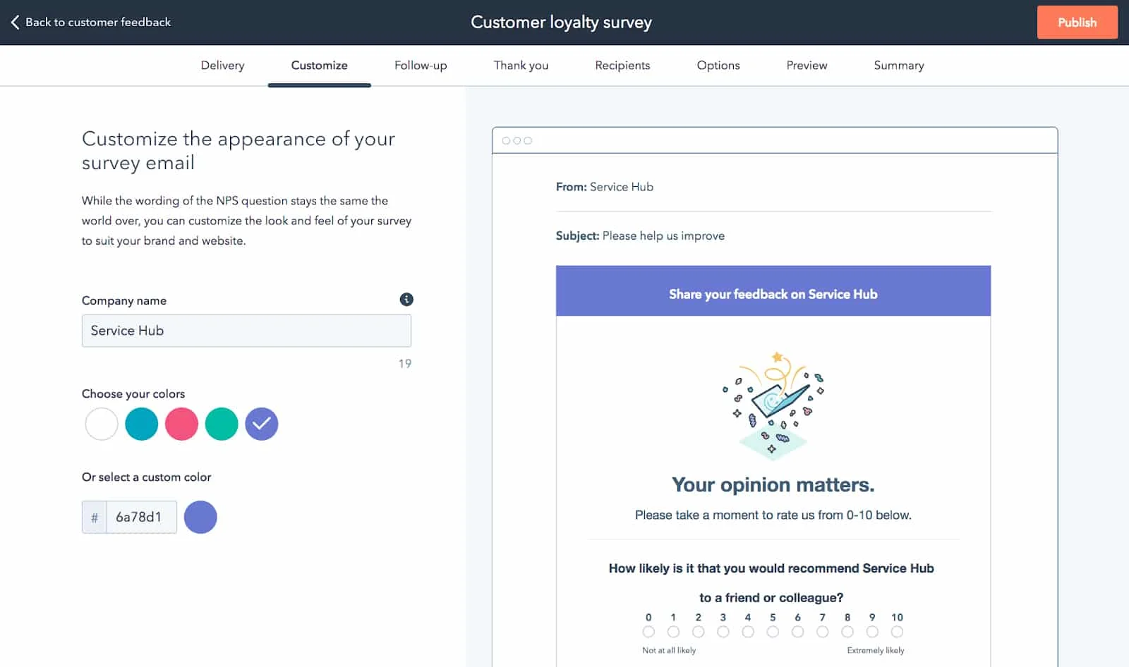 Creating sample customizable survey email from HubSpot Service Hub.