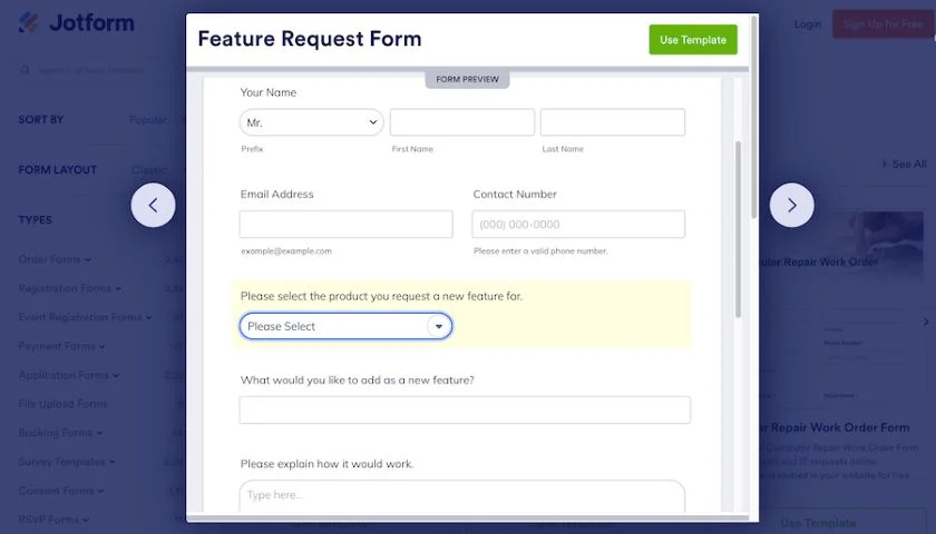 An example of a request form preview from Jotform.