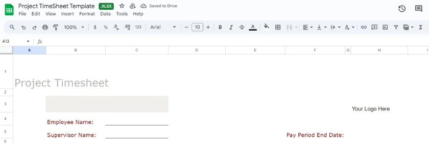 Project timesheet template with rows for employee name and pay period end date.