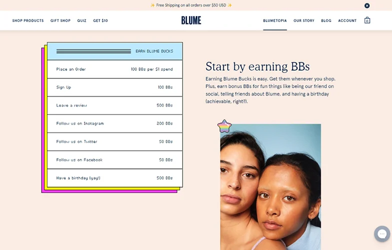 A digital loyalty program on the retail brand Blume's website.
