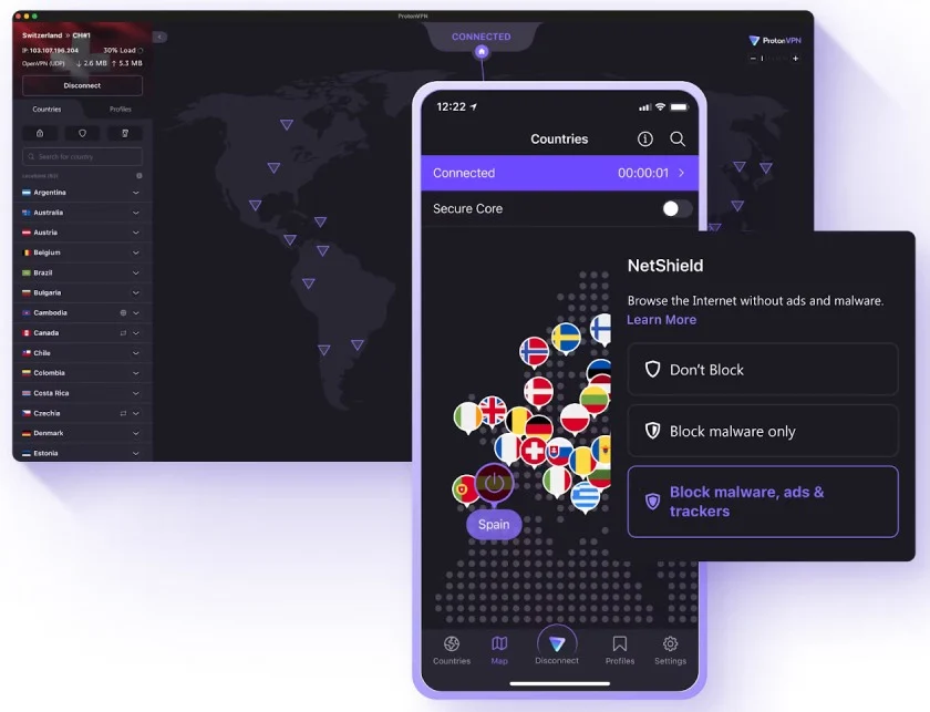 The Proton VPN NetShield activated on desktop and smartphone.