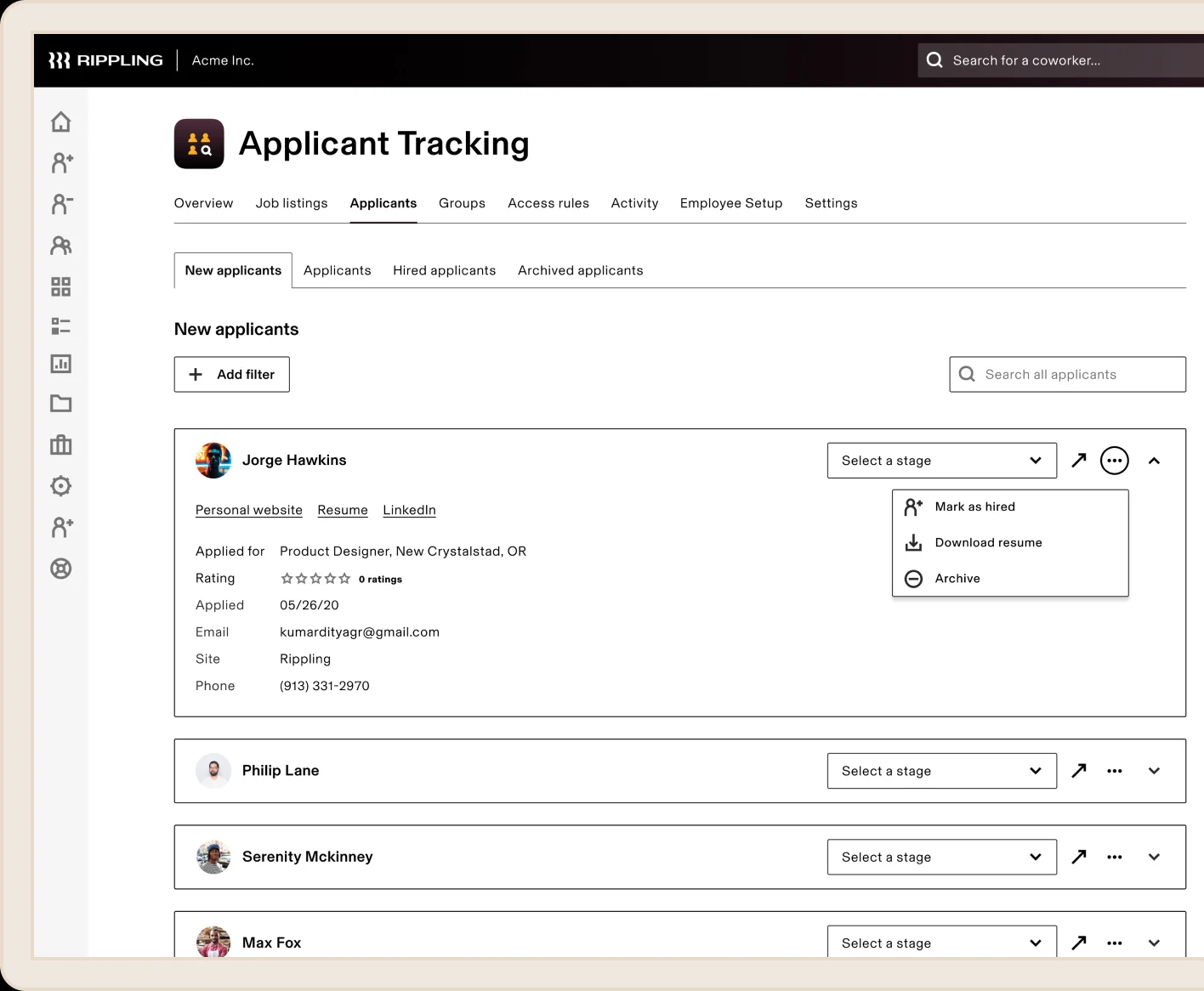 A sample of Rippling applicant tracking.