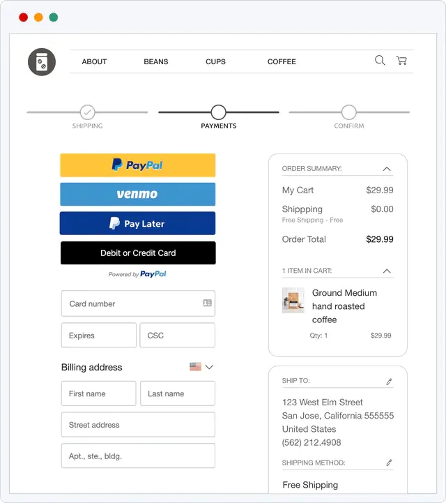 PayPal Business sample checkout page with Standard Integration PayPal.