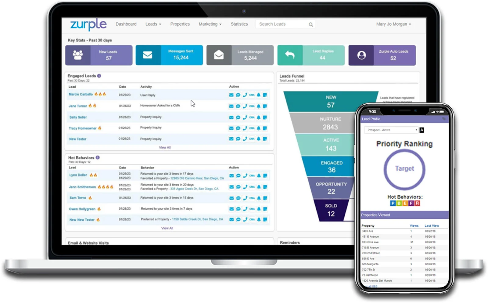Zurple’s lead dashboard view on laptop and mobile app.