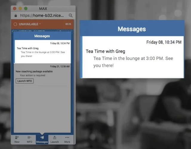 RingCentral Contact Center interface showing an agent message with the subject "Tea Time with Greg".