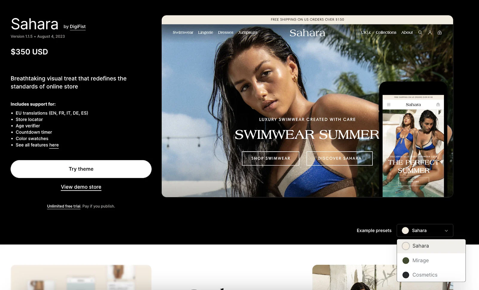 Screenshot of Shopify's paid theme, Sahara.
