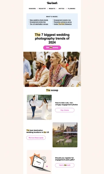 A newsletter from a wedding website showing the latest stories on its blog.