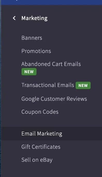 BigCommerce marketing menu to for Marketing Tools promote store online.