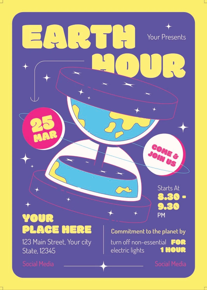 A flyer commemorating Earth Hour with a visual metaphor of the earth as an hourglass.