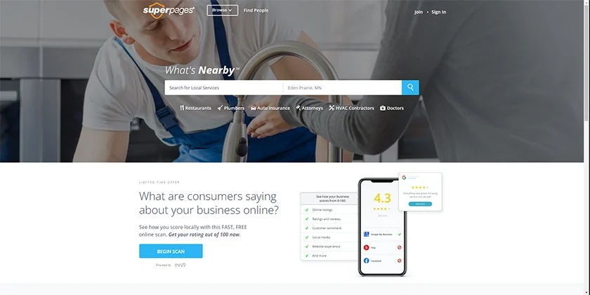 Home page of the SuperPages website.