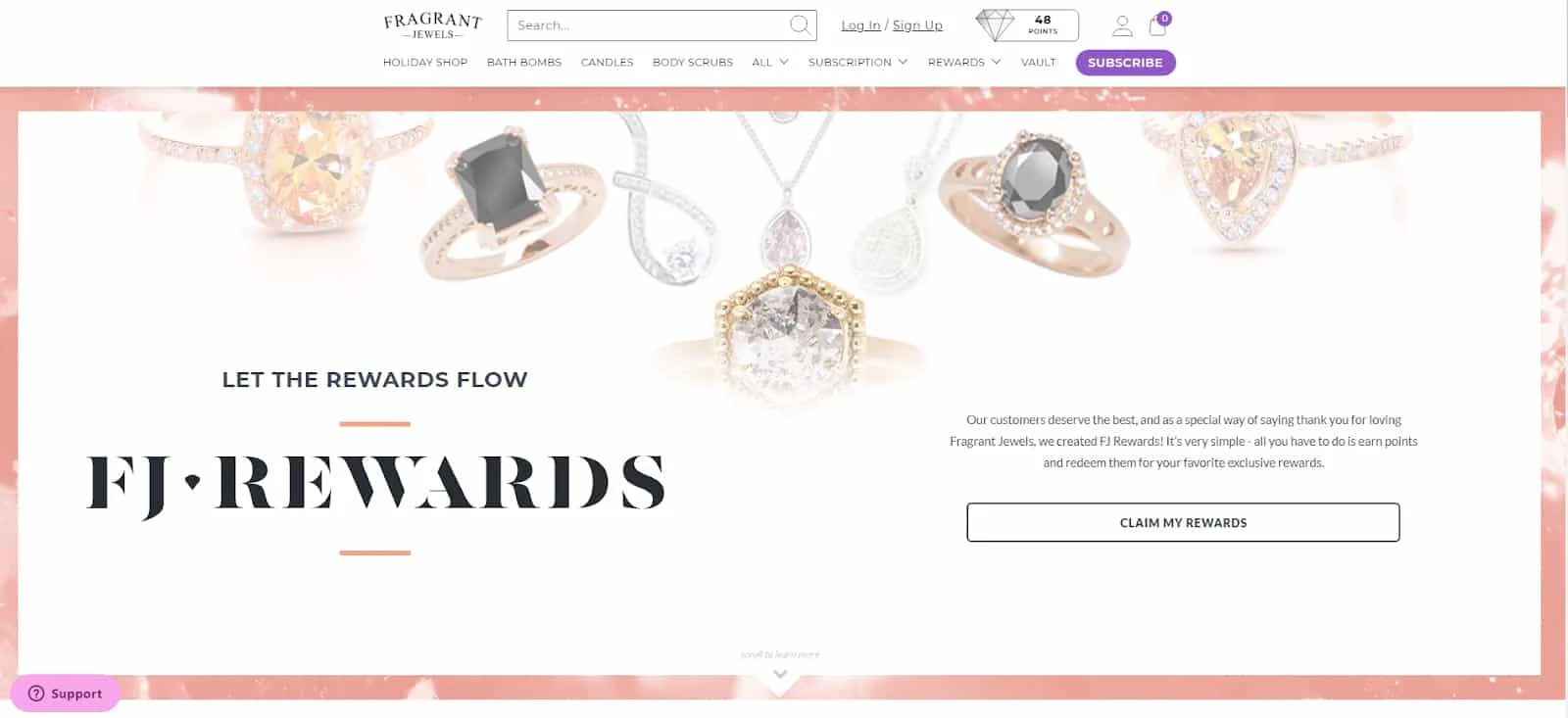 Image of Fragrant Jewels home page with rewards button for customers.