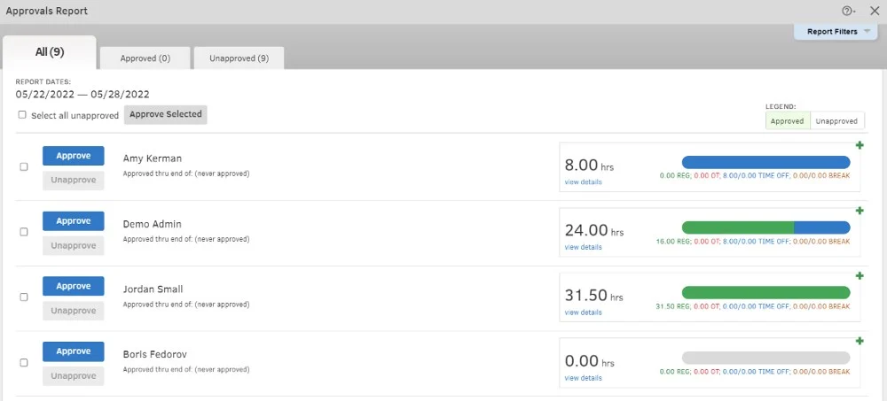 Showing QuickBooks Time's approvals report.
