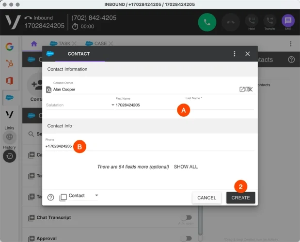 Vonage interface showing the Salesforce dialog box prompting the user to add a contact.