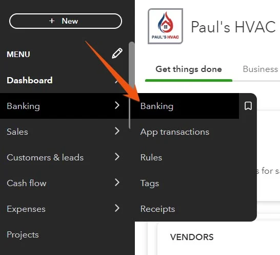 Section in QuickBooks showing how to navigate to the Banking Center.