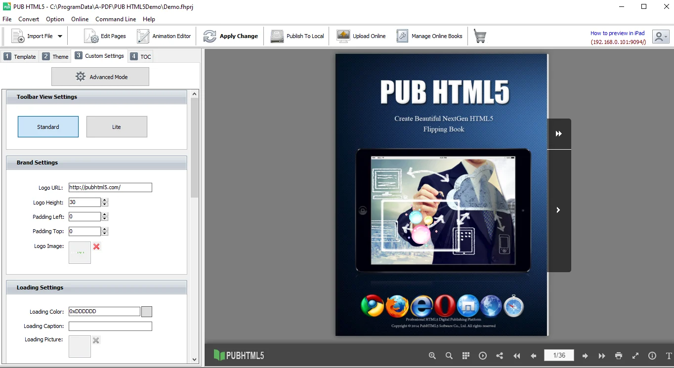 pub html5 editor interface