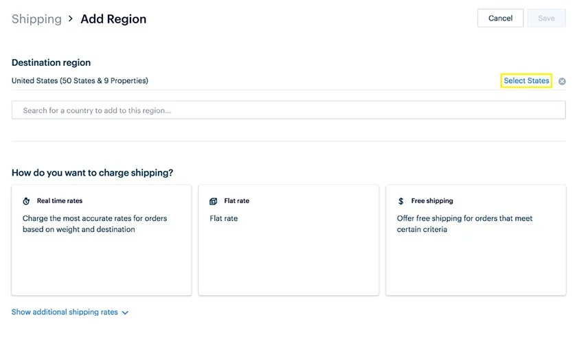 Square Online adding region page where you can add destination region.