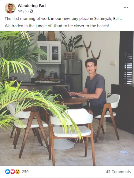 Travel blogger Wandering Earl often posts images of himself on Facebook