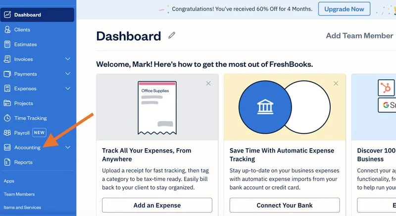 Screen showing how to navigate to the Accounting page in FreshBooks.