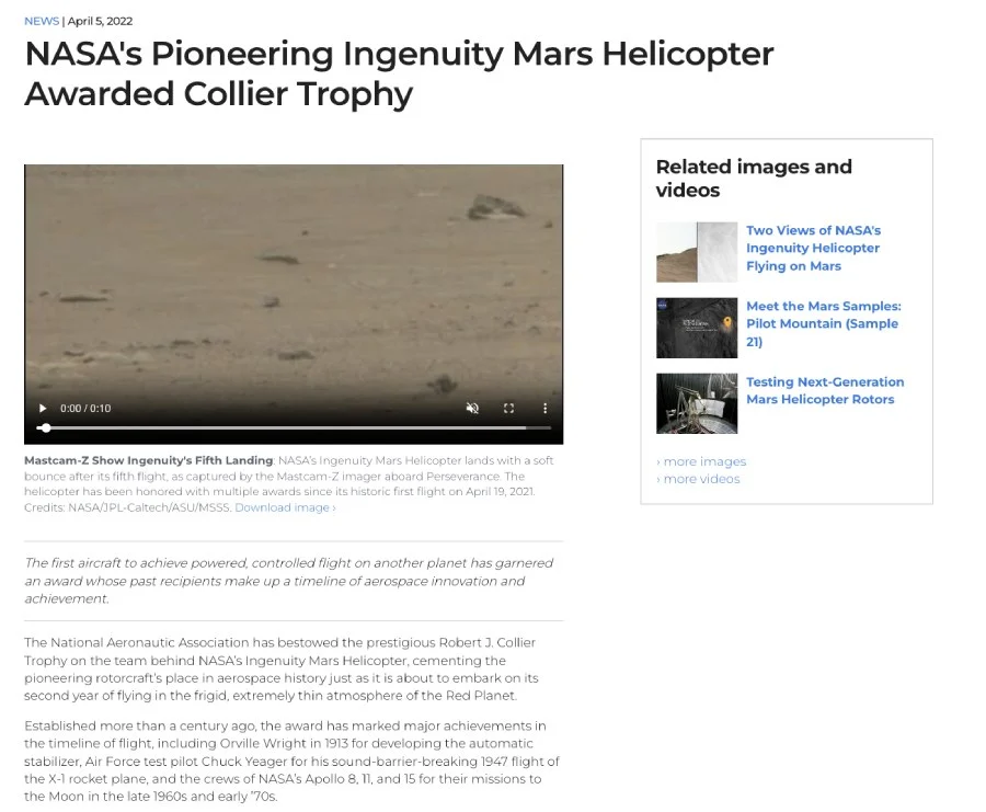 Screenshot of NASA award press release.