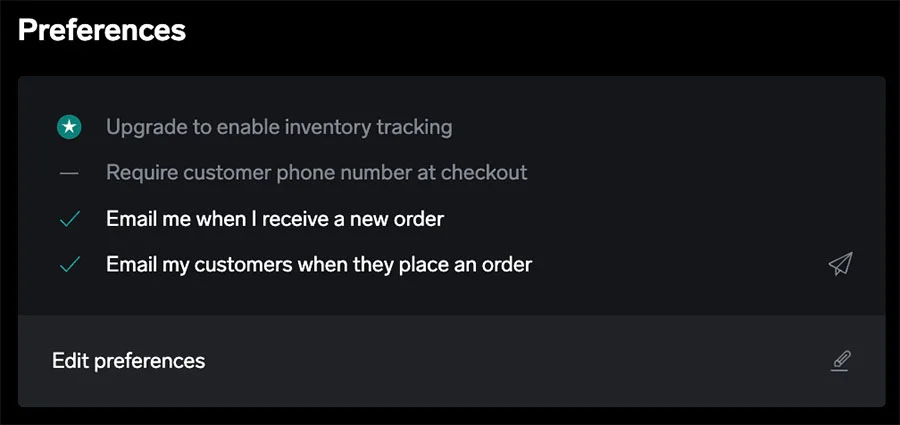 Big Cartel setting up preferences for customer orders.