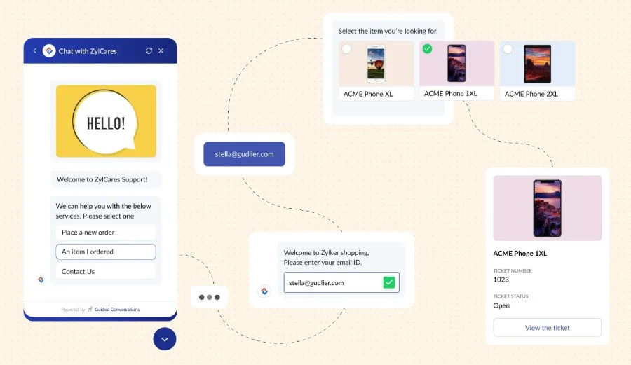 Several mobile screens displaying Zoho Desk's self-service feature with guided conversations for customers' common concerns.