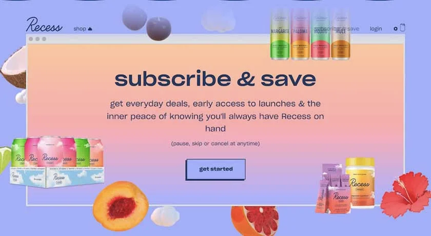 Beverage brand Recess' landing page from their website .