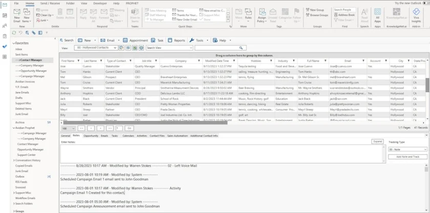 Avid CRM workspace showing a resemblance to Outlook's user interface.