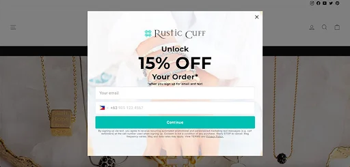 website popup for collecting email addresses and phone number