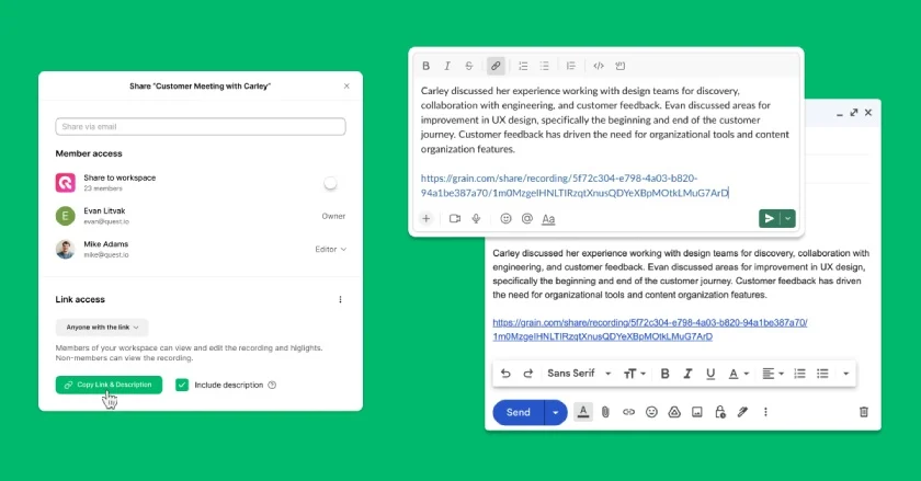Examples of Grain's AI-generated meeting descriptions for sharing meeting links and an image of the sharing settings with an option to add a summary.
