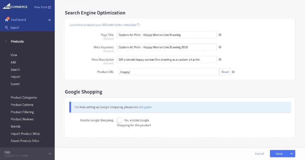 BigCommerce’s setting up SEO informations.
