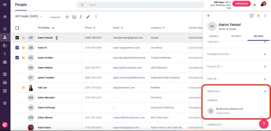 Viewing a contact record synced to a Mailchimp audience list in Copper.