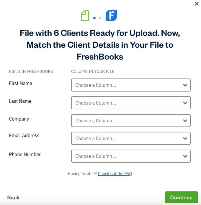Screen where you can map client list spreadsheet file columns to those in FreshBooks.