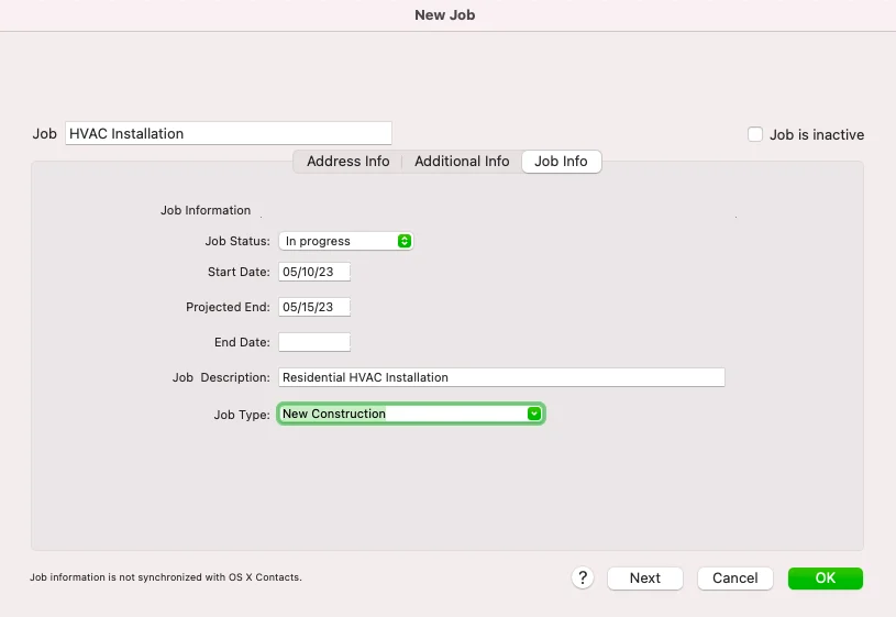 Job info tab of the New job screen in QuickBooks for Mac.