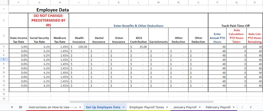 Set Up Employee Data tab with the columns to input PTO.