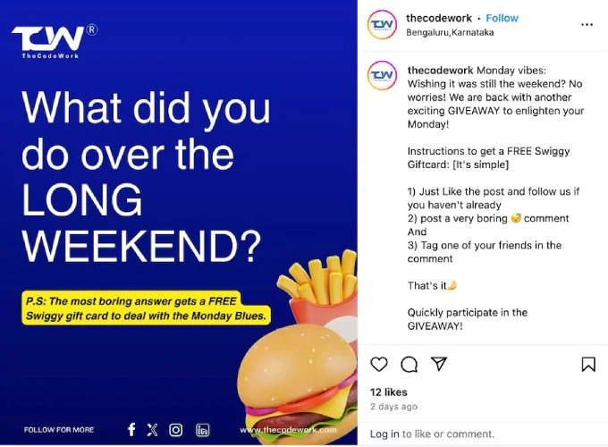 An example of a social media giveaway promo by digital product development provider TheCodeWork.